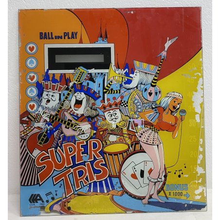 VETRO FLIPPER SUPER TRIS VINTAGE ASSI BALL IN PLAY CARTE SEMI MADE IN ITALY RE A