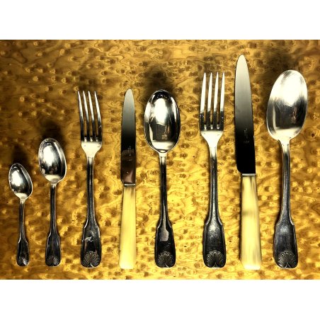 SERVIZIO POSATE 12 pers ART DECO' PUNZONATO METAL BLANC Acciaio INOX "AKIL"  '30