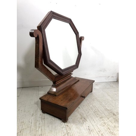 ANTICA PSICHE SPECCHIO OTTAGONALE a LIRA BASCULANTE CASSETTO LEGNO NOCE  '800