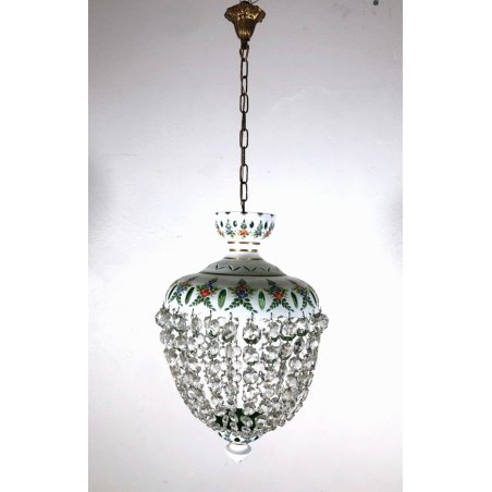 LAMPADARIO SOSPENSIONE VETRO BOEMIA INCAMICIATO OPALINO VERDE DECORO FLOREALE 50