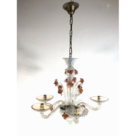 ANTICO LAMPADARIO VETRO MURANO LATTIMIO CANGIANTE FIORI ROSA AVVENTURINE ORO '50