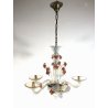 ANTICO LAMPADARIO VETRO MURANO LATTIMIO CANGIANTE FIORI ROSA AVVENTURINE ORO '50