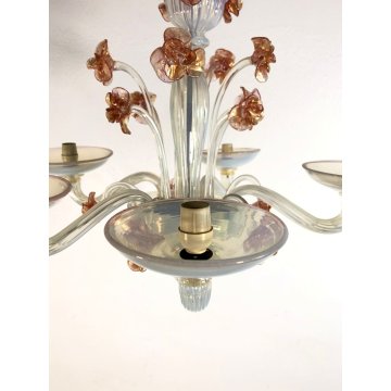 ANTICO LAMPADARIO VETRO MURANO LATTIMIO CANGIANTE FIORI ROSA AVVENTURINE ORO '50