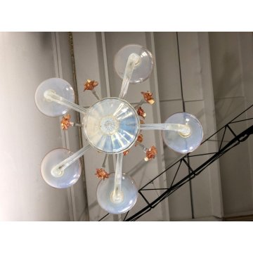 ANTICO LAMPADARIO VETRO MURANO LATTIMIO CANGIANTE FIORI ROSA AVVENTURINE ORO '50