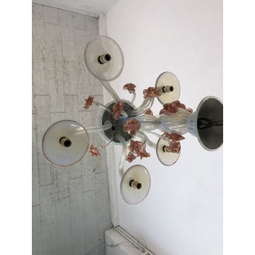 ANTICO LAMPADARIO VETRO MURANO LATTIMIO CANGIANTE FIORI ROSA AVVENTURINE ORO '50