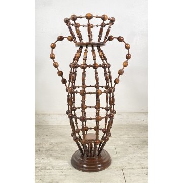 ANTICO TRESPOLO LEGNO FAGGIO SFERA PORTA VASO FIORI BIANSATO PRIMI 1900 COLONNA