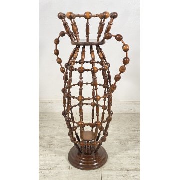 ANTICO TRESPOLO LEGNO FAGGIO SFERA PORTA VASO FIORI BIANSATO PRIMI 1900 COLONNA