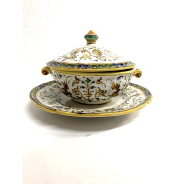ANTICA PICCOLA ZUPPIERA MAIOLICA con PIATTINO A. Minghetti DECORO RAFFAELLESCHE