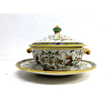 ANTICA PICCOLA ZUPPIERA MAIOLICA con PIATTINO A. Minghetti DECORO RAFFAELLESCHE