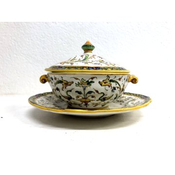 ANTICA PICCOLA ZUPPIERA MAIOLICA con PIATTINO A. Minghetti DECORO RAFFAELLESCHE