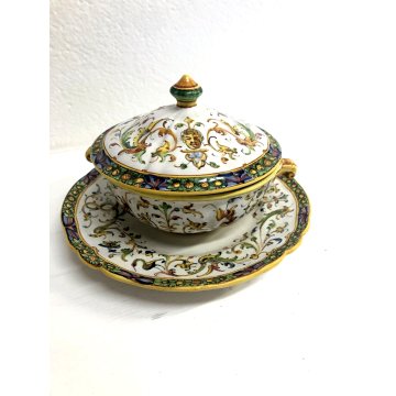 ANTICA PICCOLA ZUPPIERA MAIOLICA con PIATTINO A. Minghetti DECORO RAFFAELLESCHE