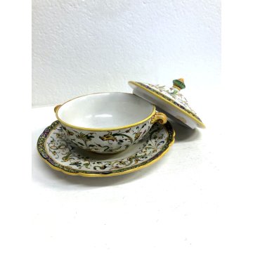ANTICA PICCOLA ZUPPIERA MAIOLICA con PIATTINO A. Minghetti DECORO RAFFAELLESCHE