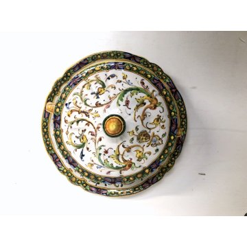 ANTICA PICCOLA ZUPPIERA MAIOLICA con PIATTINO A. Minghetti DECORO RAFFAELLESCHE