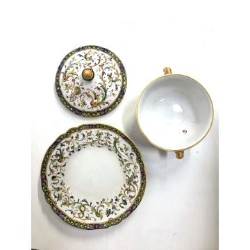 ANTICA PICCOLA ZUPPIERA MAIOLICA con PIATTINO A. Minghetti DECORO RAFFAELLESCHE