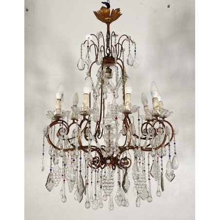 ANTICO LAMPADARIO FERRO BATTUTO VETRO FINE 1800 GOCCE LAMPADA SOFFITTO LIBERTY