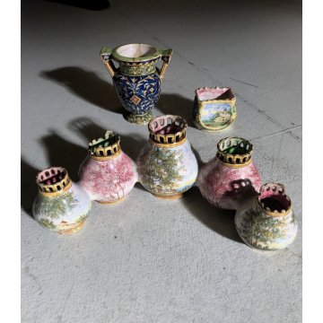 SET 3 VASO ANTICA MAIOLICA A. Minghetti DECORO TRAFORATO PAESAGGI RAFFAELLESCHE