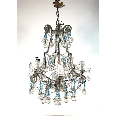 LAMPADARIO SOFFITTO VETRO MURANO MELE AZZURRO GOCCE GLASS LAMP 6 LUCI PRIMO '900