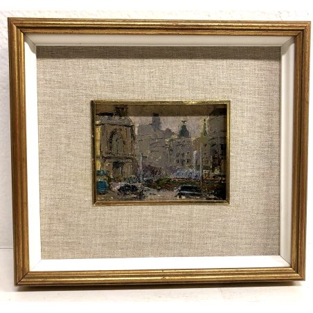 PICCOLO QUADRO DIPINTO OLIO Gino Mazzoli PAESAGGIO URBANO Madrid SPAGNA 1956