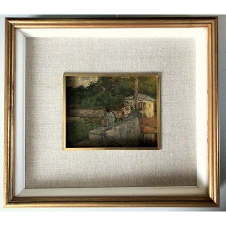 QUADRO DIPINTO OLIO G. Mazzoli PIAZZALE della CHIESA verso sera Cellio VALSESIA