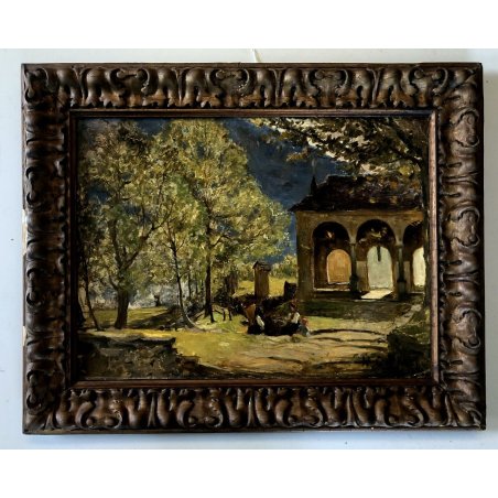 ANTICO DIPINTO OLIO Mario Gachet PAESAGGIO BOSCO TRAMONTO SCENA CONTADINA CHIESA