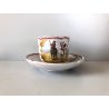 ANTICA TAZZINA CAFFE' PIATTINO CERAMICA VP  DECORO SCENE CAVALLERESCHE '20