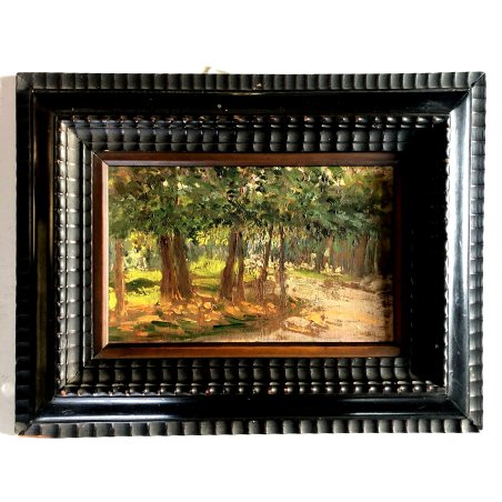 ANTICO PICCOLO QUADRO OLIO Nicola Laurenti PAESAGGIO LOMBARDO SELVA GUILLOCHE'