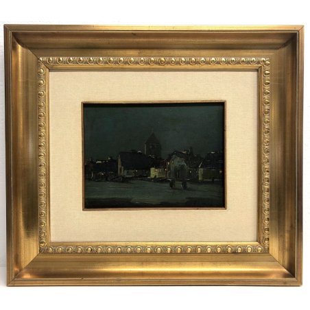 ANTICO QUADRO OLIO TAVOLA PAESAGGIO NOTTURNO "Dintorni della Barona" MILANO '900