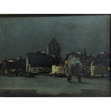 ANTICO QUADRO OLIO TAVOLA PAESAGGIO NOTTURNO "Dintorni della Barona" MILANO '900