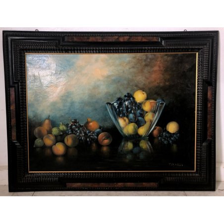 ANTICO GRANDE DIPINTO OLIO Piero Nardi NATURA MORTA FRUTTA VASO MURANO GUILLOCHE