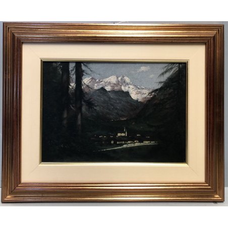 ANTICO QUADRO OLIO  PAESAGGIO ALPINO VEDUTA Monte Rosa  Alagna TRAMONTO