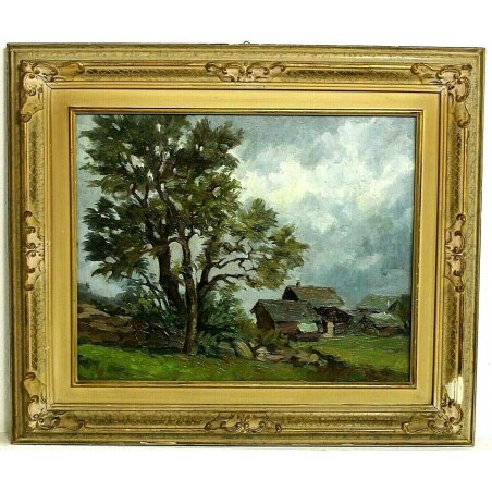 ANTICO QUADRO DIPINTO OLIO TAVOLA CORNICE PAESAGGIO MONTAGNA BAITA BOSCO RADURA 