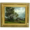 ANTICO QUADRO DIPINTO OLIO TAVOLA CORNICE PAESAGGIO MONTAGNA BAITA BOSCO RADURA 