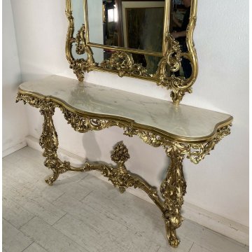 CONSOLLE LEGNO ORO META' 1900 SPECCHIERA RIPIANO MARMO SPECCHIO STILE CLASSICO 