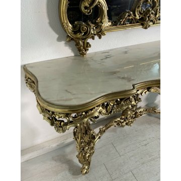 CONSOLLE LEGNO ORO META' 1900 SPECCHIERA RIPIANO MARMO SPECCHIO STILE CLASSICO 