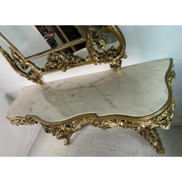 CONSOLLE LEGNO ORO META' 1900 SPECCHIERA RIPIANO MARMO SPECCHIO STILE CLASSICO 