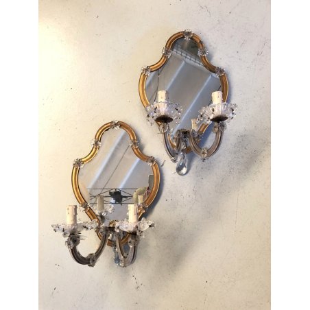 COPPIA APPLIQUE PARETE VINTAGE SPECCHIO VENEZIANO VETRO MURANO CRISTALLO Difetti