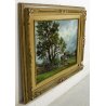 ANTICO QUADRO DIPINTO OLIO TAVOLA CORNICE PAESAGGIO MONTAGNA BAITA BOSCO RADURA 