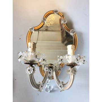 COPPIA APPLIQUE PARETE VINTAGE SPECCHIO VENEZIANO VETRO MURANO CRISTALLO Difetti