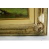 ANTICO QUADRO DIPINTO OLIO TAVOLA CORNICE PAESAGGIO MONTAGNA BAITA BOSCO RADURA 