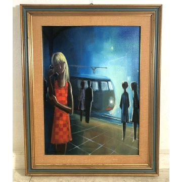 GRANDE QUADRO OLIO Eliano Fantuzzi SCENA NOTTURNO METROPOLITANO FIGURE LAMPIONI