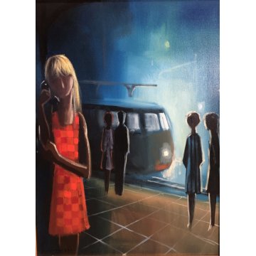 GRANDE QUADRO OLIO Eliano Fantuzzi SCENA NOTTURNO METROPOLITANO FIGURE LAMPIONI