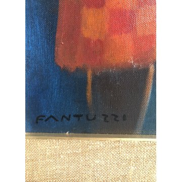 GRANDE QUADRO OLIO Eliano Fantuzzi SCENA NOTTURNO METROPOLITANO FIGURE LAMPIONI
