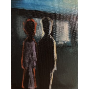 GRANDE QUADRO OLIO Eliano Fantuzzi SCENA NOTTURNO METROPOLITANO FIGURE LAMPIONI