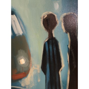 GRANDE QUADRO OLIO Eliano Fantuzzi SCENA NOTTURNO METROPOLITANO FIGURE LAMPIONI