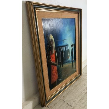 GRANDE QUADRO OLIO Eliano Fantuzzi SCENA NOTTURNO METROPOLITANO FIGURE LAMPIONI
