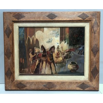 QUADRO DIPINTO OLIO TELA Paolo Bonetto "Nei pressi del bazar" SCORCIO PAESAGGIO