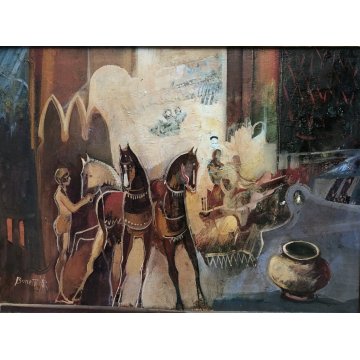 QUADRO DIPINTO OLIO TELA Paolo Bonetto "Nei pressi del bazar" SCORCIO PAESAGGIO