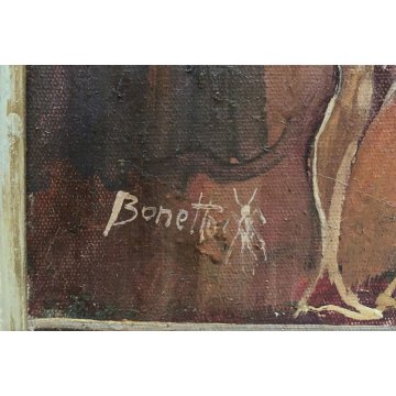 QUADRO DIPINTO OLIO TELA Paolo Bonetto "Nei pressi del bazar" SCORCIO PAESAGGIO