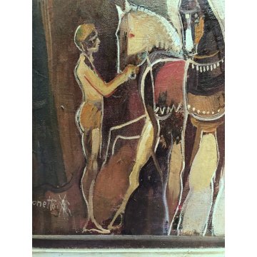 QUADRO DIPINTO OLIO TELA Paolo Bonetto "Nei pressi del bazar" SCORCIO PAESAGGIO