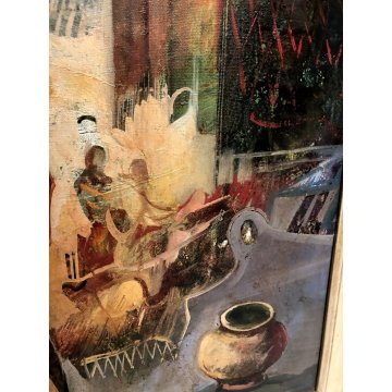 QUADRO DIPINTO OLIO TELA Paolo Bonetto "Nei pressi del bazar" SCORCIO PAESAGGIO